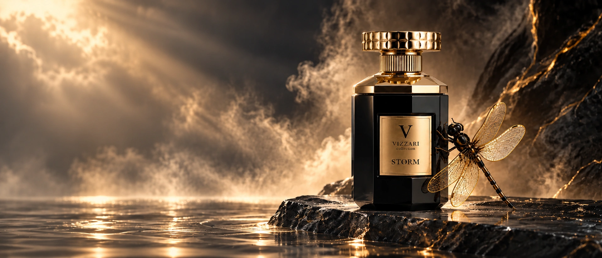 Vizzari Storm perfume bottle campaign visual